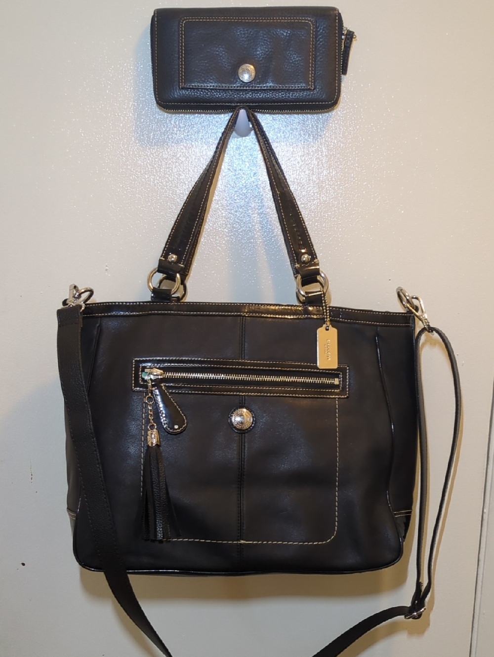 Coach Black Leather Tote with Tassel and Crossbody Strap & Coach Wallet $150